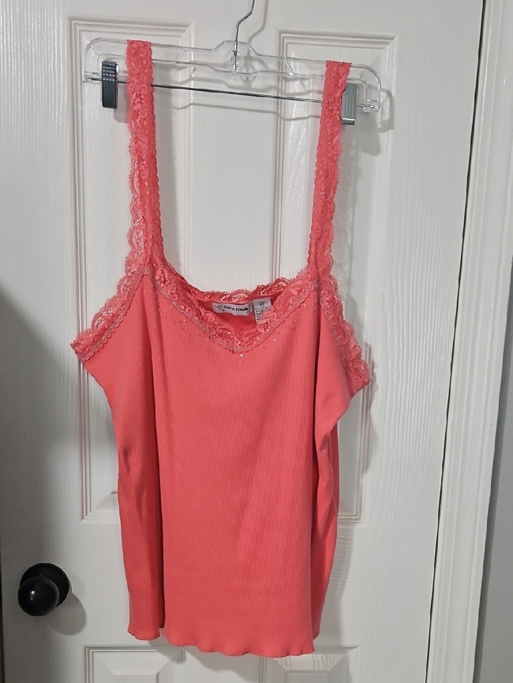 Extra Touch Coral Lace-Trim Ribbed Camisole Top